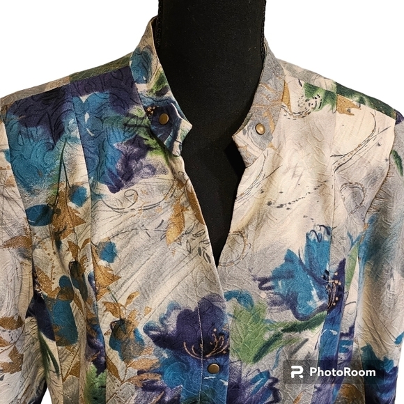 Coldwater Creek Watercolor Paint Floral Snap Up 100% Cotton Shell Jacket Size 14 - Picture 5 of 10